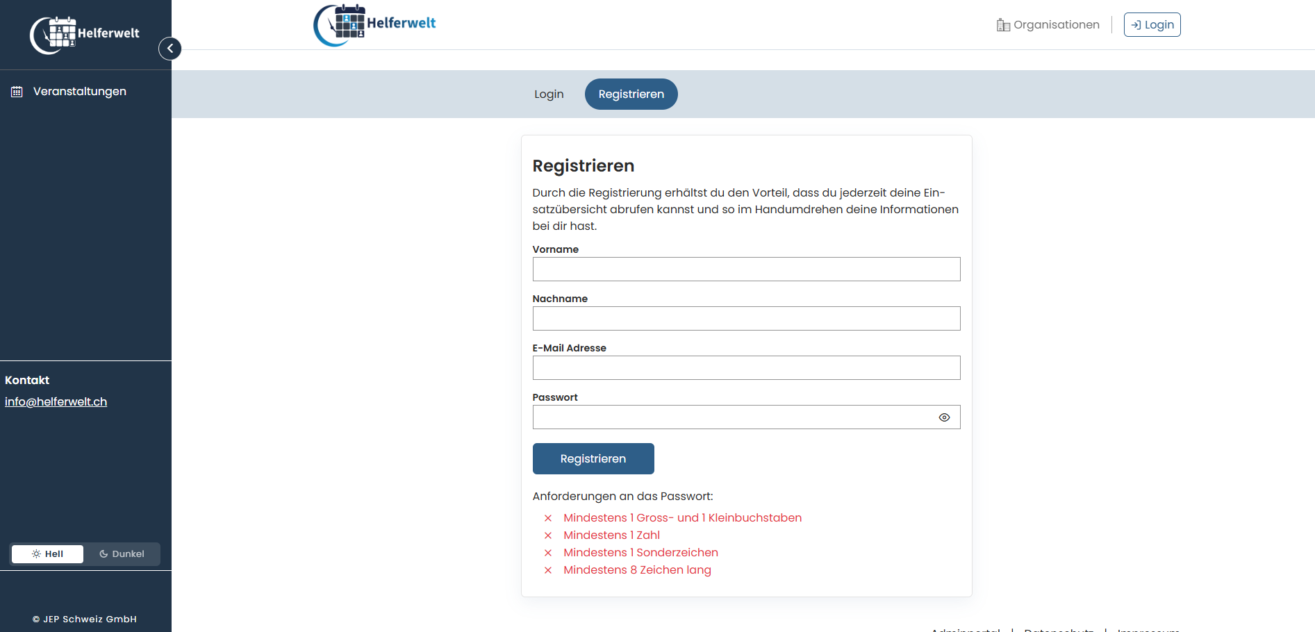 Registrierungsformular mit Passwort-Anforderungen