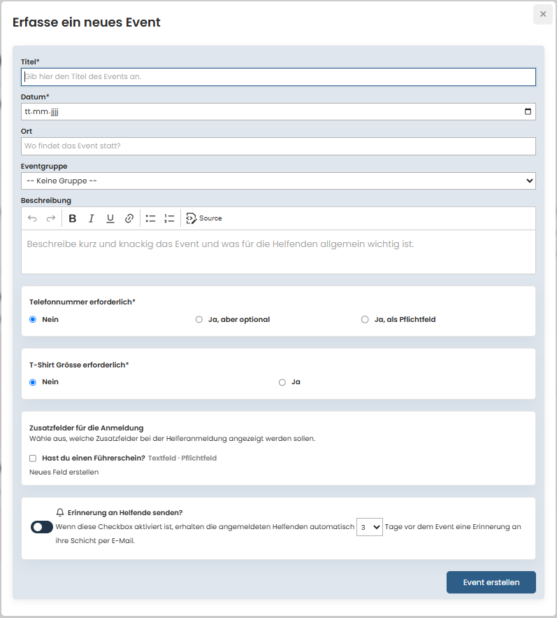 Event erstellen – Formular