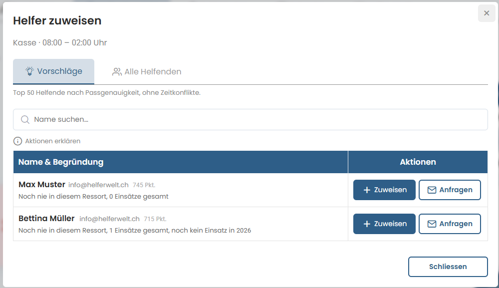 Helfer zuweisen und anfragen