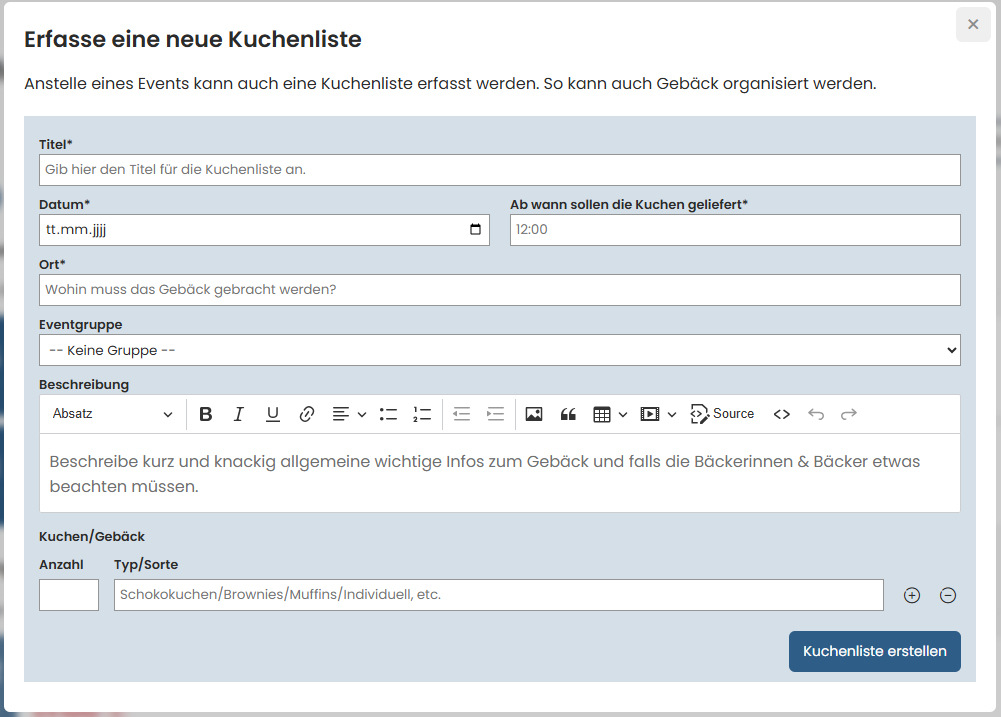 Kuchenliste erstellen