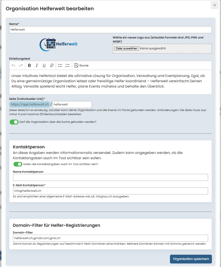 Organisation im Portal einrichten